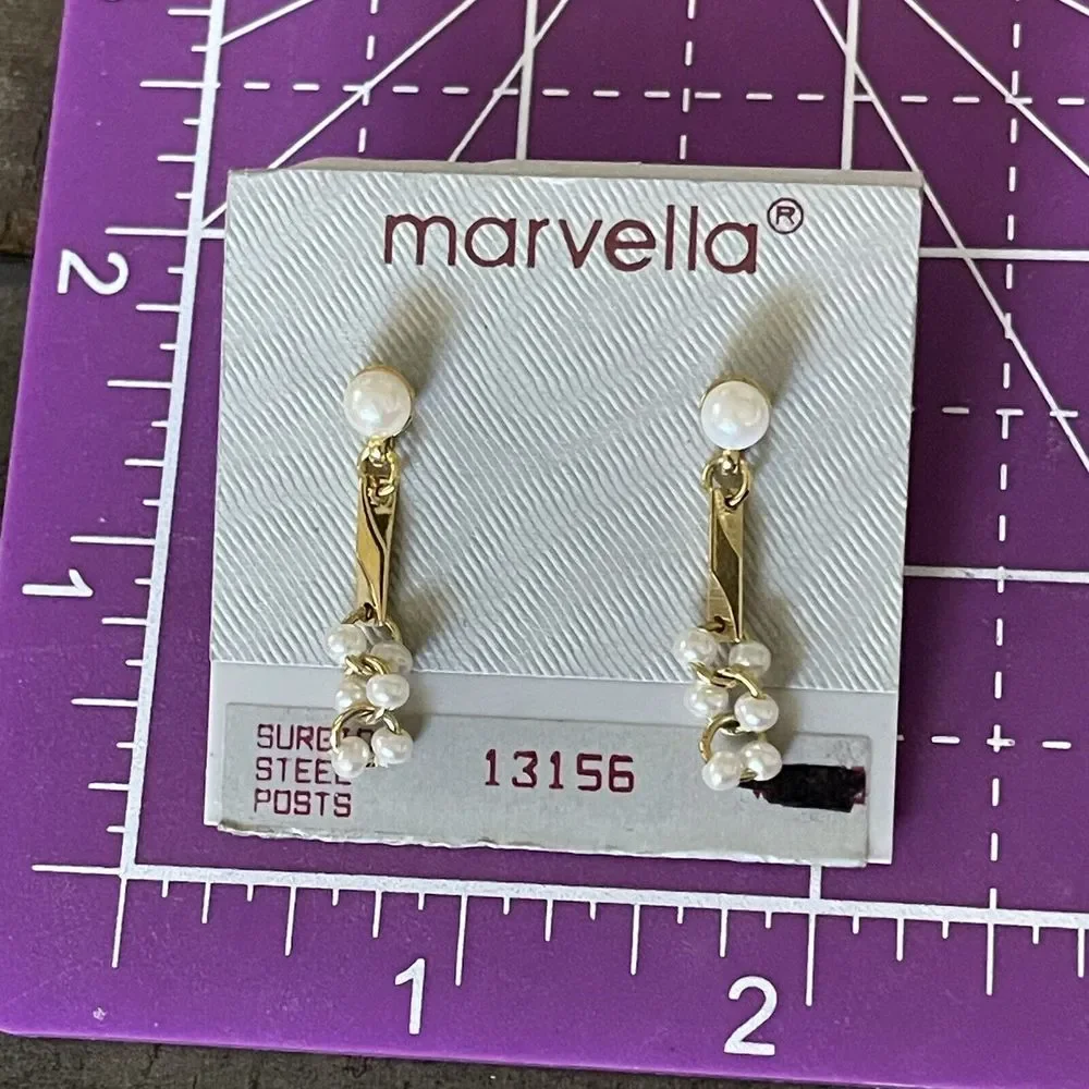Vintage Marvella Faux Pearl Dangle Drop Chandelier Style Pierced Earrings NOS